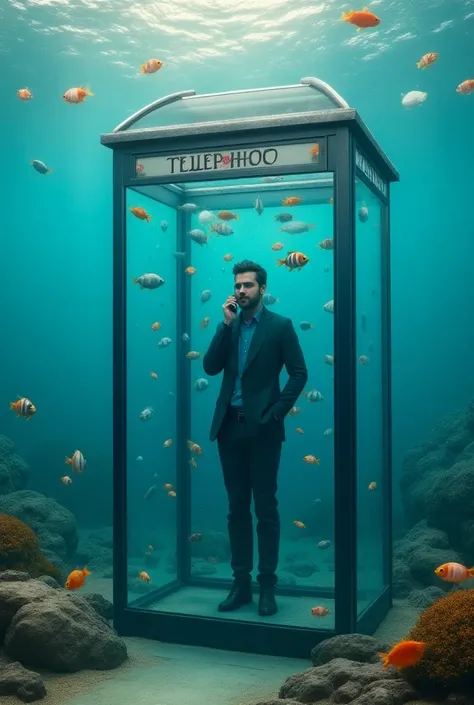 Telephone booth filled with clear blue water with fish and a person talking on the phone inside the booth