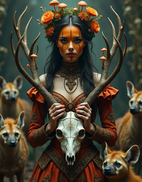  Woman with a face painted with pumpkin from Halloween,  Wearing a baroque dress  , on a satanic altar ,  holding the skull of a deer in her hands ,   and from it come out mushrooms and flowers  ., many hyenas  