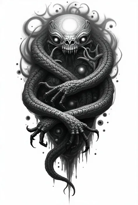 Black and gray tattoo of reptilian hands surrounded by eyes from another planet for the forearm