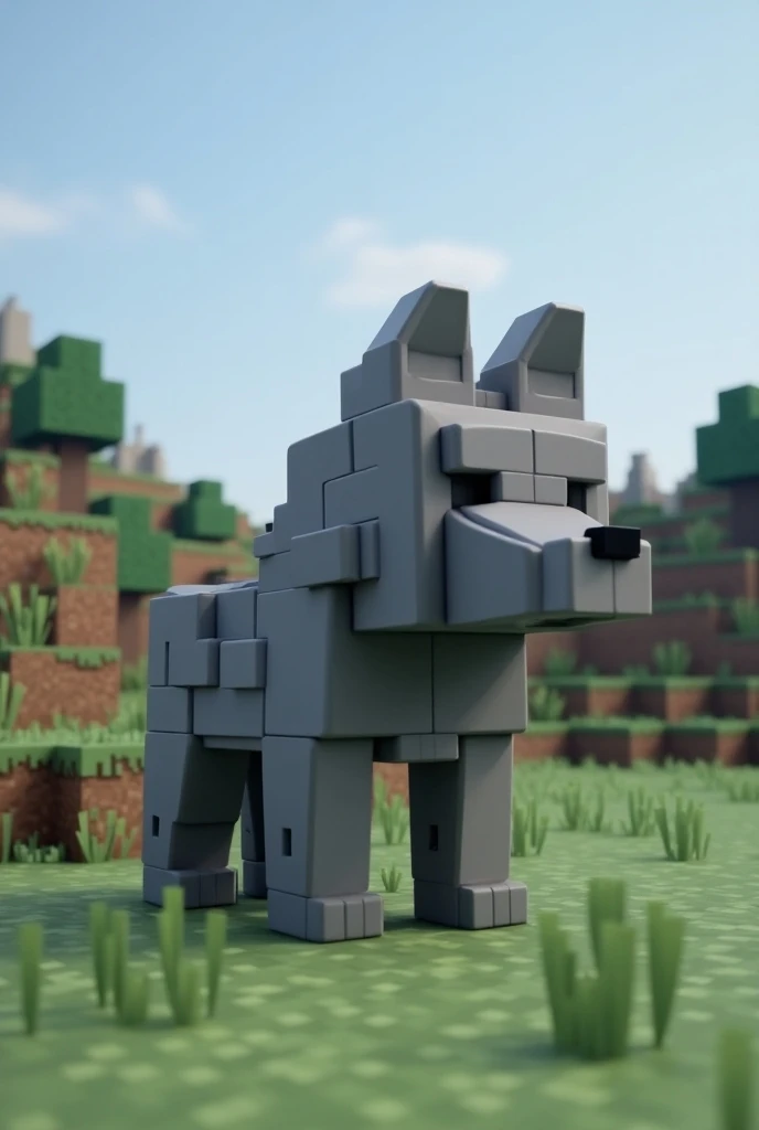 Créé un loup gris de Minecraft cubique style Minecraft avec un décor de Minecraft 