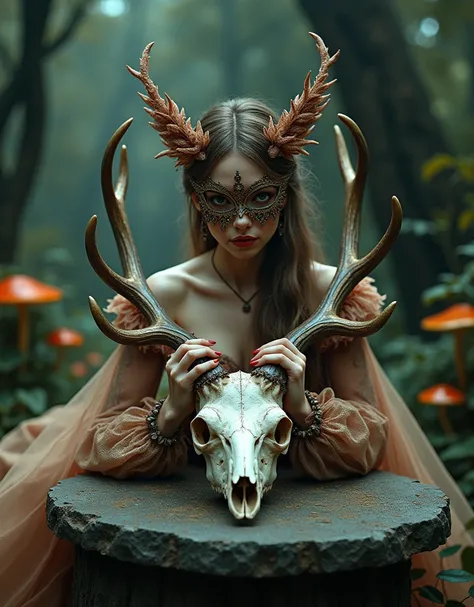 Beautiful woman in baroque dress and mask hugging the skeleton head of a deer with mushrooms,  enchanted forest ,on a satanic altar , humo, 60k ultra details lived mega-realistic HDR 300DPI  