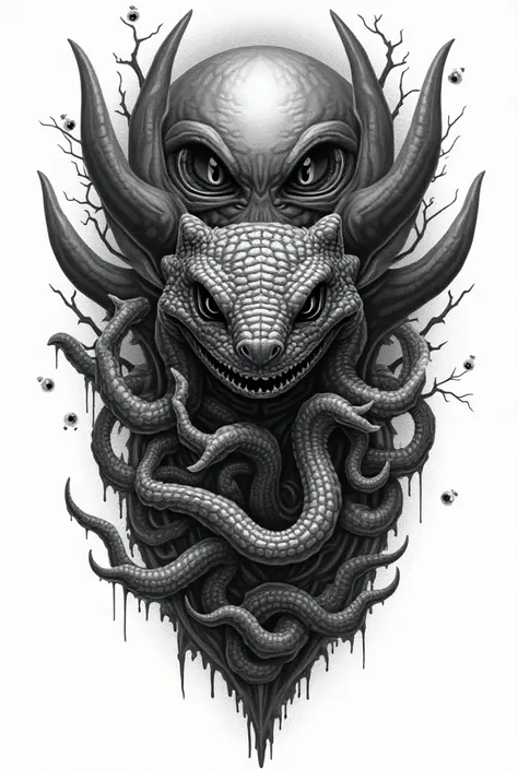 Black and gray tattoo of reptilian hands surrounded by eyes from another planet for the forearm