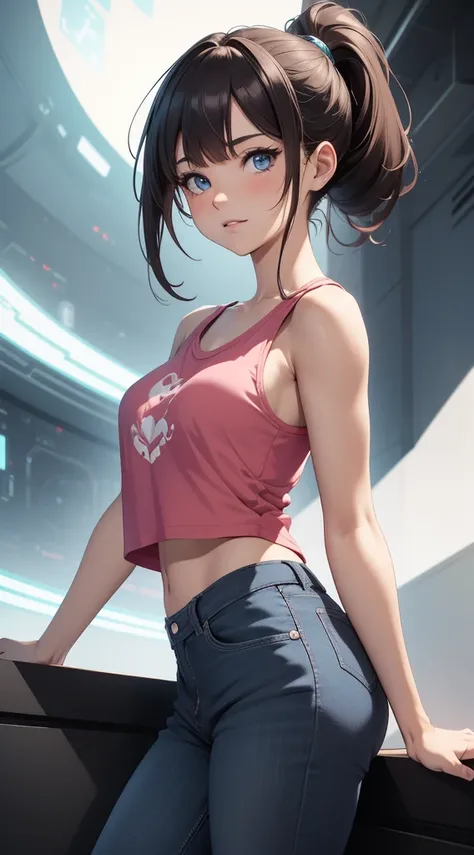 16K, ultra realistic, highres, best quality, masterpiece, half body image, a beautiful girlfriend posing for a photograph on moon, wearing a modern sleeveless pink t-shirt, black jeans, goggles, brown ponytail, bangs, happy chuckle, blue eyes, muscular lea...