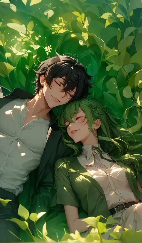 Anime couple ,Anime man ,lelouch lampeourge  ,short black hair,closed eyes   with anime woman, CC, Code Geass, long green hair, closed eyes,دقة عالية, عمل رائع, علم التشريح صحيح, دقيق, أفضل جودة, نماذج عالية الدقة, تفاصيل, تفاصيل عالية, جودة عالية, مفصل جد...