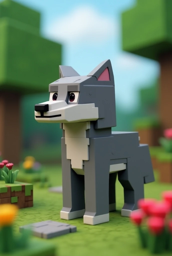 Créé un loup gris qui a lair gentil de Minecraft cubique style Minecraft avec un décor de Minecraft 