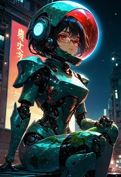 (1girl),(anime),(short dark hair),(dark skin),(shiny glasses lenses),(mouth closed and expressionless),(sitting),(hands holding glowing orb),(two other glowing spheres orbit around her),(detailed face),(extremely detailed eyes and face),(cinematic lighting...