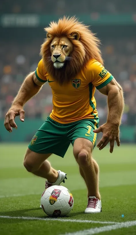 lion with a strong, muscular human body and lion hair, wearing the uniform of the South African national team and playing ball on a football field with football boots on his feet