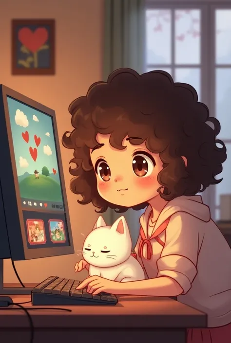 Valentine playing on the computer ,  curly-haired brunette grizzly girl , Tall white boy with wavy brown hair with a white cat the girl must be a bit chubby and darker skinned anime 
