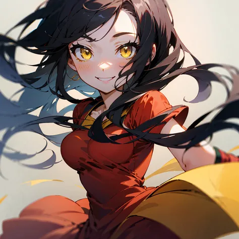 (one anime girl smiles), (  Long black hair , ), (yellow eyes), (red dress) (The background is white), (face in the middle of the canvas)