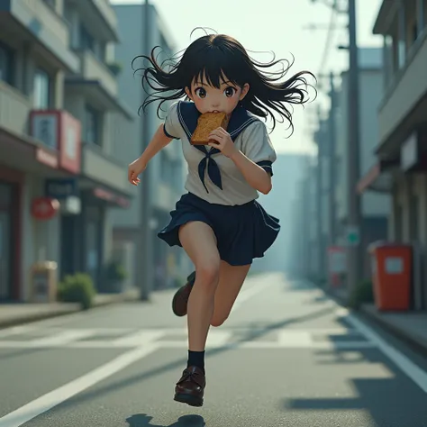 At Hakata, FullBddy from Side, ExtermelyDetailed High school girl running while Mouth holding toasted bread, Going to school, behind time, try as hard as one can, Full Power Sprint, TopQuality 8K UltraDetailed (Live-Action:1.66, ProfessionalPhoto:1.37), Et...