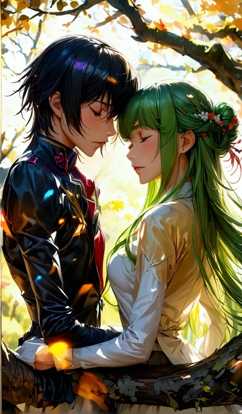 high quality, best quality, 4k, 8k, hyperdetailed, extremely detailed, masterpiece, photorealistic, physically-based rendering, sharp focus, vivid colors, anime, anime couple, man with short black hair, closed eyes, woman with long green hair, closed eyes,...