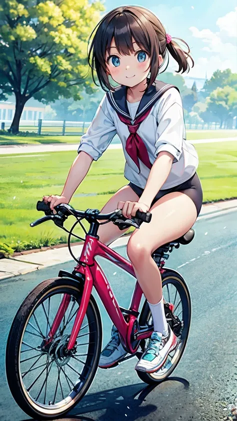 completely naked,riding a bike,sit in the saddle,a big smile,running on the way to school