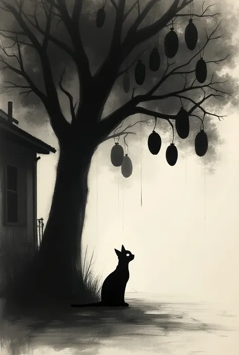 A charcoal drawing in a minimalistic style. The image captures a large, shadowy mango tree in a dimly lit backyard, its branches gracefully arching under the weight of ripe, black mangos shaded in soft greys. The ground is subtly textured, with traces of d...