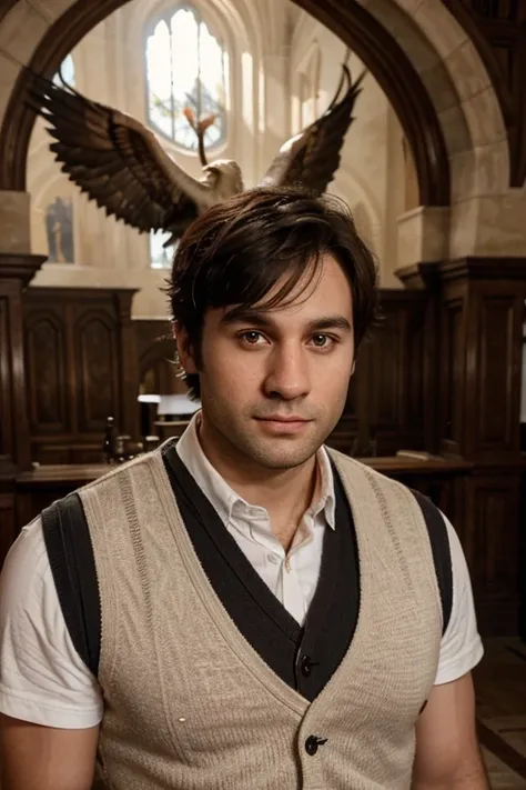  Realistic image of a 30-year-old man , with short dark hair,  white skin, dressed in a vest and shirt , intellectual,  from the front looking at the camera in the background you can see a room in a castle with a Phoenix in the background and the Hogwarts ...