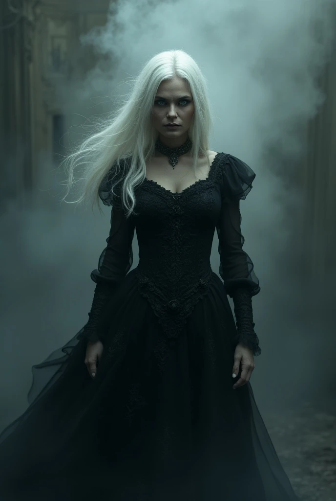 a ghostly 90 year old woman with long white hair, in a black old fashioned ornate dress. She has a piercing stare. Smoke and mist surrounds her. Her dress is very detailed. Highly detailed, photo realism.