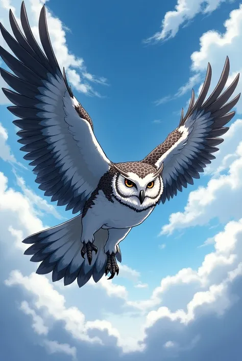  Owl in flight, white and black , Anime style