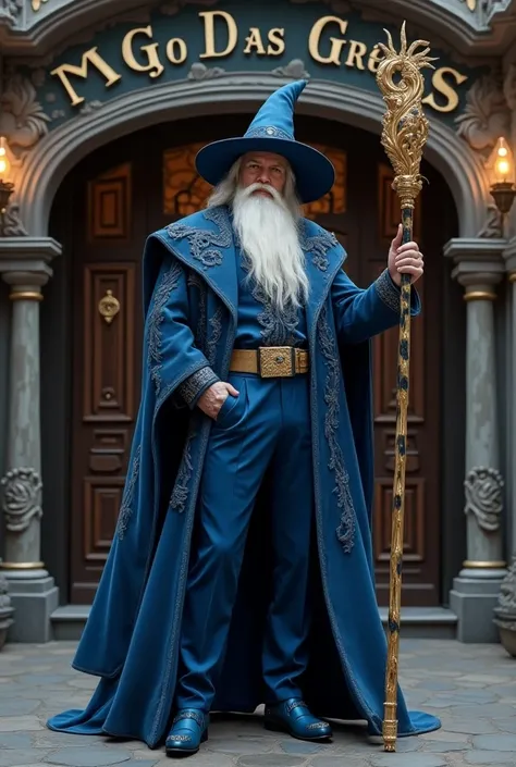 Wizard wearing an all-blue Gucci outfit holding a Louis Vouton staff in front of a store with the name MAGO DAS GRIFFES