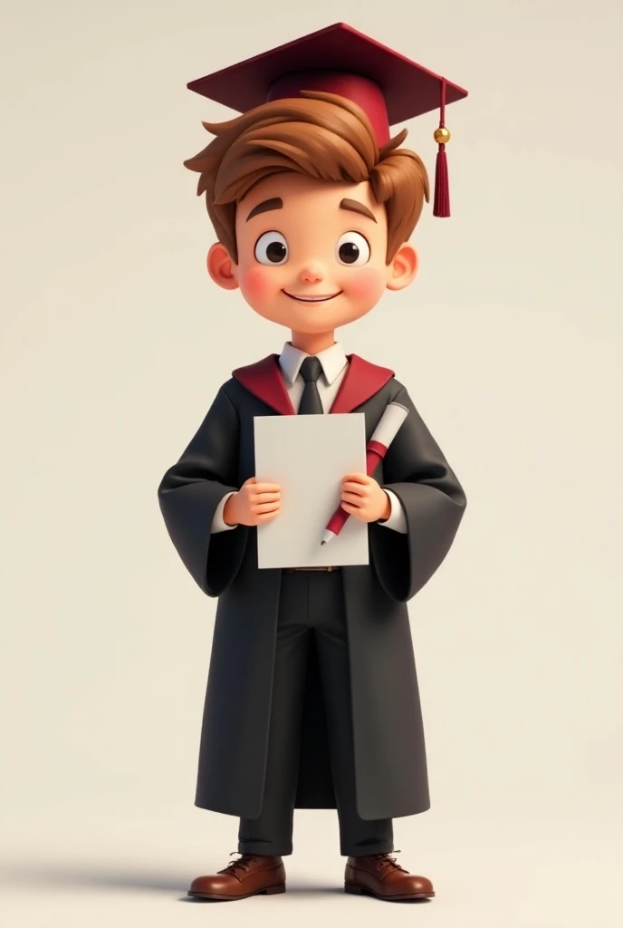 Mascot boy  brown hair smiling . Wearing burgundy graduation cap on his head  .  wearing Beca black graduation black pants and dress shoes with graduation certificate on his right hand