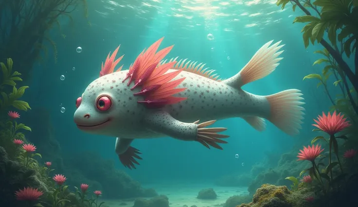 In a magical aquatic landscape, Theme: Xólotl transformed into an axolotl in the tranquil canals of Tenochtitlán
Appearance of the Axolotl-God
Body: Depict the axolotl with a robust, elongated body, approximately 30 cm long. Its skin should be soft and moi...