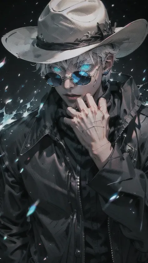 1 boy,rim light,looking_at_screen,masterpiece,best quality,solo,Gojo Satoru,highest detailed,cowboy hat,sunglasses,Glowing eyes,white hair,masculine,black shirt,black leather jacket,