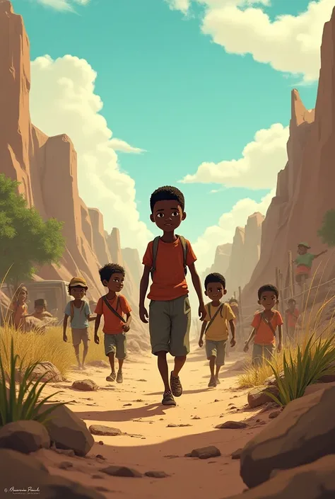 animated sudanese lost boys trying to survive war environments showing bravery title page with title a journey of hope