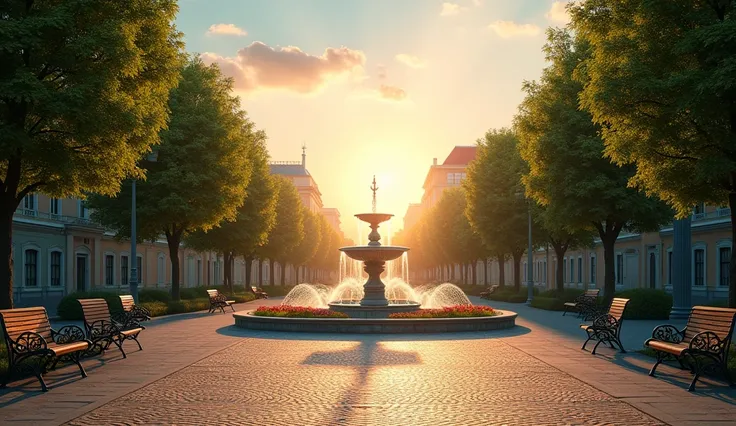  A large and serene square , illuminated by the soft light of the sunset.  The floor is covered by ancient cobblestones , and around ,  there are tall trees with vibrant green leaves . in the center,  an elegant fountain gushing crystal clear water ,  surr...