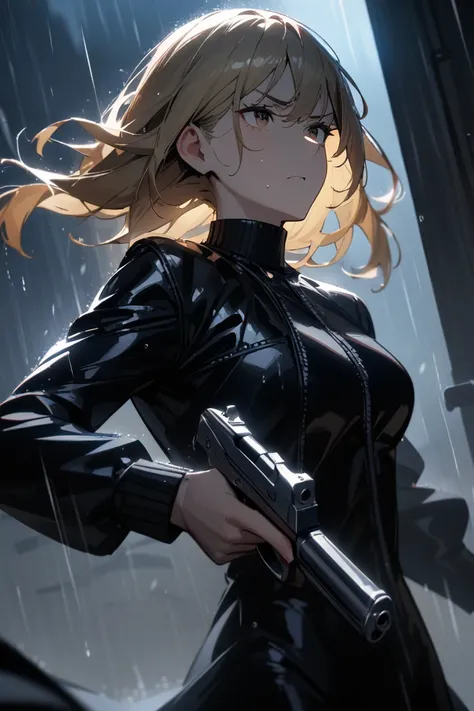 1girl, female focus, solo, dramatic, running dynamic pose with pistol, wearing stylish black leather coat and turtleneck, looking away, heavy rain, night, upper body, cinematic angle,, (masterpiece), (best quality), (ultra-detailed), very aesthetic, illust...