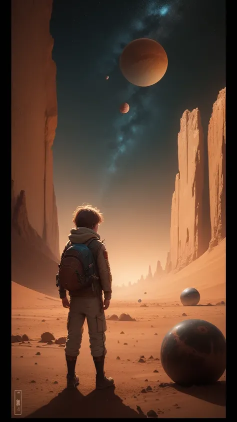 "A lost boy on Mars", back side, cinematic, "planets around":0.6