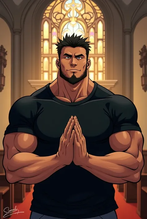 Muscle man wearing short sleeve black t-shirt praying at a Catholic church looking down with a smile on his face in Shonen Jump style 