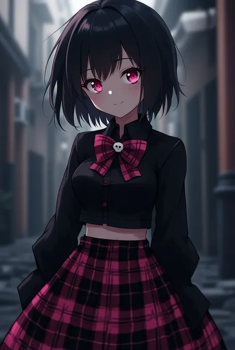 Female anime cartoon , Gothic skirt , Long,  black and pink plaid , pink eyes,  cropped black neckline ,  black tomboy hair ,  bow with two dots with skull.