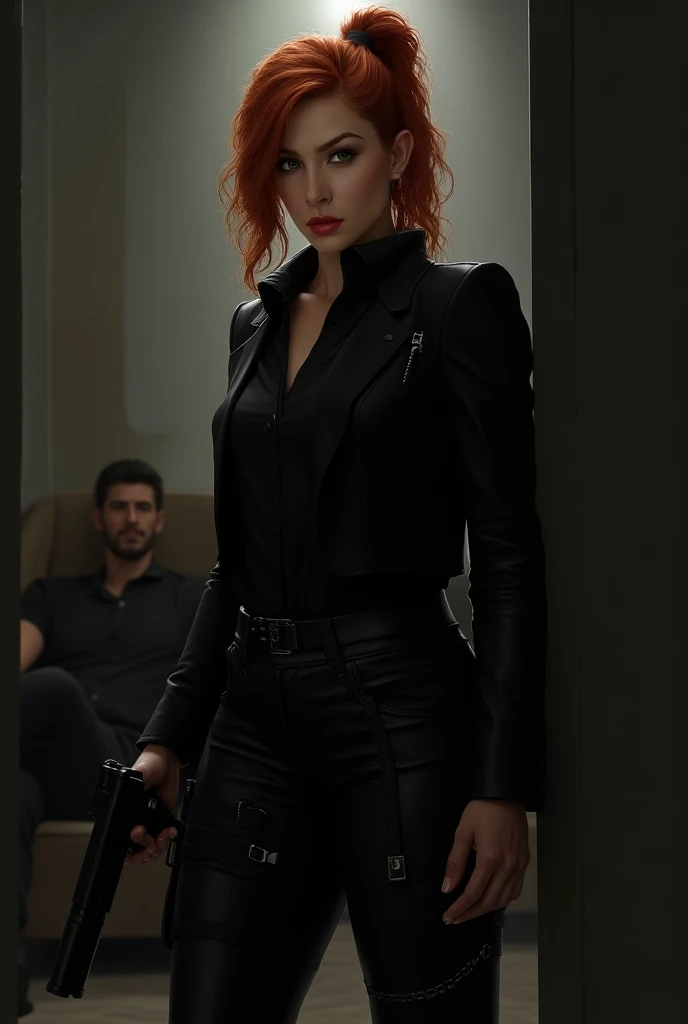 Overview:  A woman with copper hair tied in a ponytail , with wavy tips,  shows up on her back ,  her face reflects confidence with slightly defined features .  His dark green eyes and rosy lips contrast with his completely black outfit.  He carries a gun ...