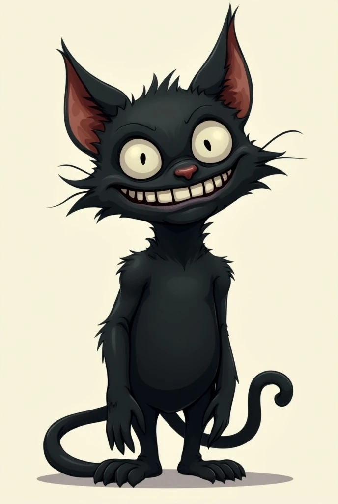  Make the cartoon cat ,  a deformed cat ,  with a dreadful smile and scary eyes, he is black, And n is left of 4 