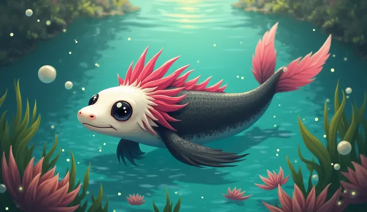 In a magical aquatic landscape, Theme: Xólotl transformed into an axolotl in the tranquil canals of Tenochtitlán
Appearance of the Axolotl-God
Body: Depict the axolotl with a robust, elongated body, approximately 30 cm long. Its skin should be soft and moi...