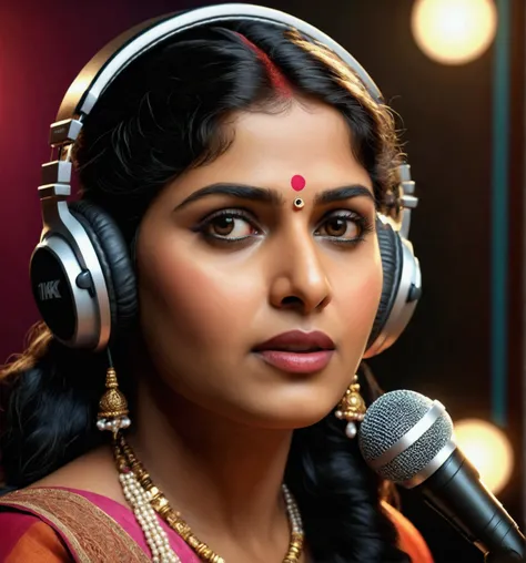 A photorealistic portrait of an indian tamil playback singer, a woman singing in a recording studio in the 90s, wearing headphones, exquisite detailed face, beautiful detailed eyes, long eyelashes, beautiful detailed lips, extremely detailed and intricate ...