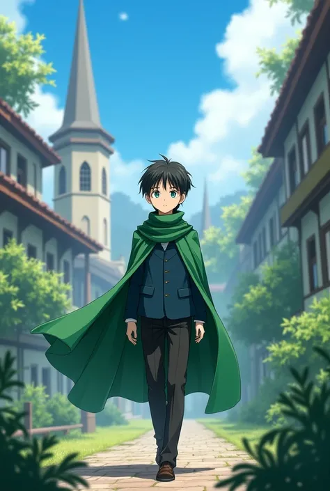 A 15-year-old boy named Nakita Katsu Oyu in a magic school has black hair, blue-green eyes, wearing a magic school uniform, wearing a 2D anime green veil.