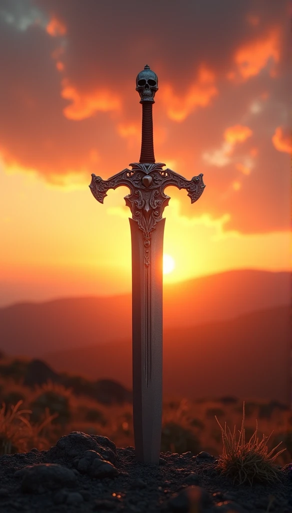 a Templar sword stuck in the ground,sun rising,( 💀en el pomo ) ( best quality,4k,8k,highres,masterpiece:1.2),cinematic,vivid colors,sharp focus,ultra-detailed,landscape,portraits,professional,physically-based rendering,hdr,bokeh