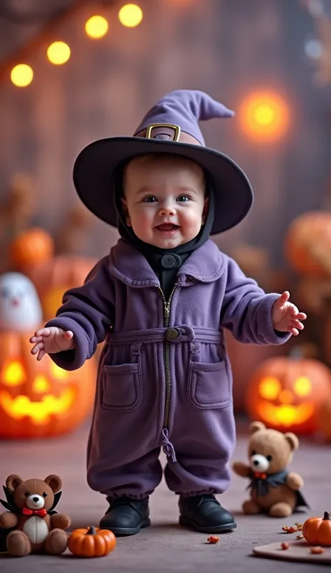 
“A realistic photo image - cute baby with pink cheeks, with a charming smile,  dressed in a Halloween costume ,  like a little witch in soft shades of lilac and black, with a pointy hat. She is standing,  with their hands free and extended slightly to the...