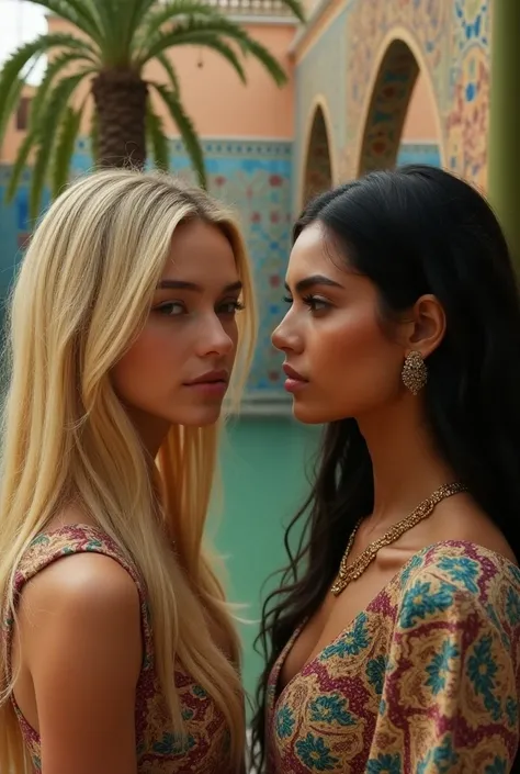 Photo hyper réaliste, Blonde woman with long hair  , And a brunette woman with long hair in Morocco 