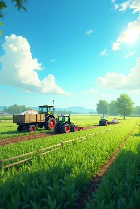 " A vibrant scene of a soybean plantation on a vast farm . in the center,  a modern tractor and a sower work together to plant soybeans in straight lines. Left, a sturdy truck is parked,  carrying large bags of seeds ,  while an operator is preparing the m...