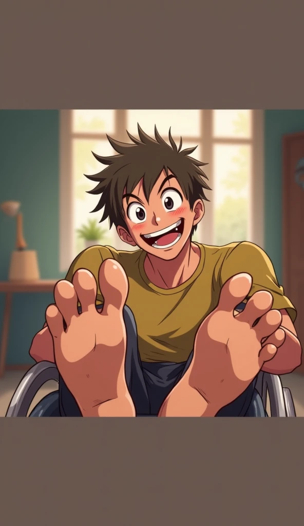 Young man in wheelchair smiling showing sweaty feet tickling anime