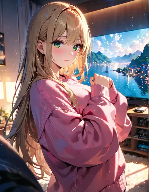 1girl, absurdly long blonde hair, oversized pink sweater, green eyes, fidgeting with hem of sweater, bedroom, cinematic lighting, masterpiece, best quality(Depth of field hdr 8k 4k wallpaper, cinematic lighting,:1.5) (masterpiece, best quality:2.0), (Depth...