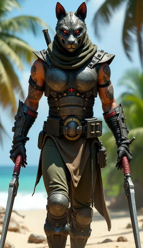  Imagine an ultra-realistic humanoid Andean cat hybridized with the character Kabal from Mortal Kombat, walking through the forests of Cuba .  He is equipped with technological combat armor .  He wears a metallic mask with gray and gold details that covers...