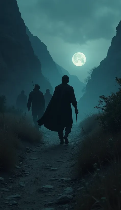 A shadowy figure, Efialtes, is shown leading Persian soldiers through a hidden mountain path at night, the persian warrior are following the man, ((the man get a bag with money in the hand)) The tension is palpable as the betrayal unfolds.