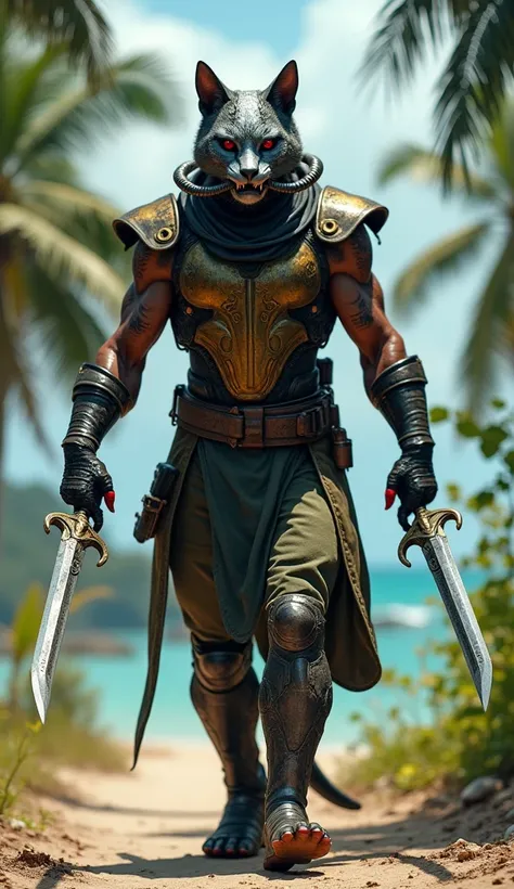  Imagine an ultra-realistic humanoid Andean cat hybridized with the character Kabal from Mortal Kombat, walking through the forests of Cuba .  He is equipped with technological combat armor .  He wears a metallic mask with gray and gold details that covers...