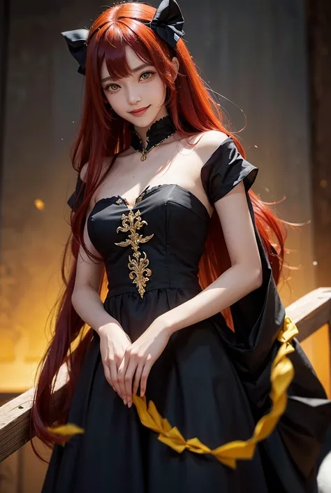 1 girl, king, tattooed,  Fringe between the eyes,  very long hair , red hair, breasts, yellow eyes, smile, Hair bow, thin, Dark skin, Yellow and black dress