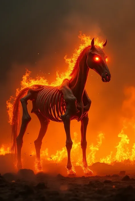 Skeleton horse in fire  blaze with red eyes 