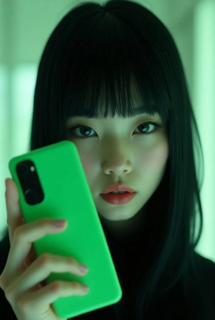   with straight hair and extremely black bangs carrying a green cell phone