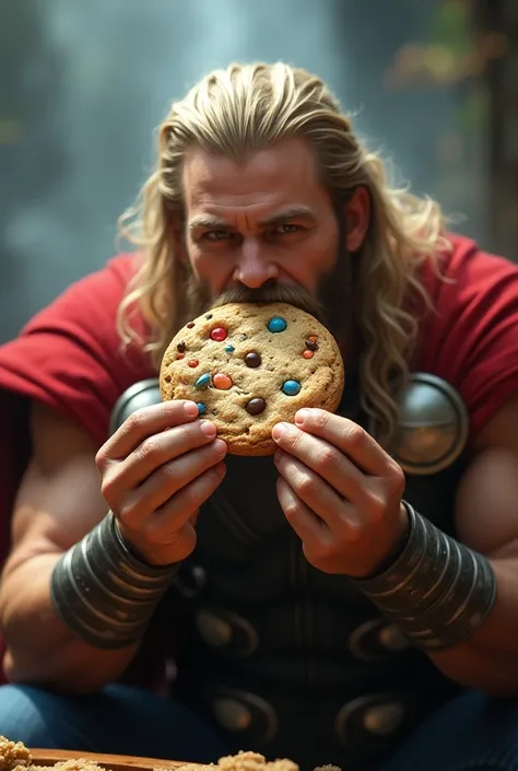 Thor eating cookie with colorful chocolate chips 