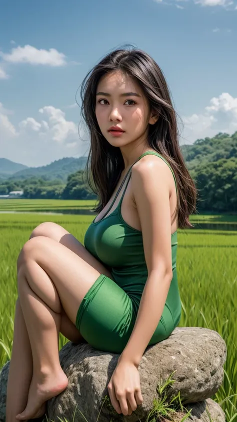  hyper realistic image  ,  of an indonesian girl sitting on a rock at the edge of a rice field, face to front , with full face ,  green airplane ,hdr ,wide anggel, 8k realistic photo ,gambar HD,face camera ,zoom out, huge boobs, 