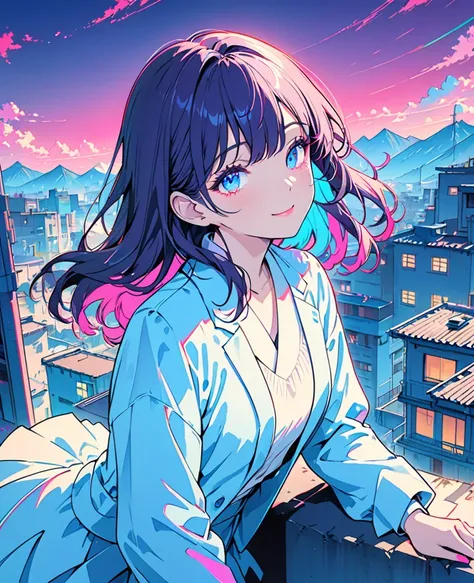 masterpiece, best quality ,1 Synthwave style girl,Blue Contour, Neon Shines Street ,Blue fluorescent paint,Lonely,the above,Cowboy shooting,  Sit on a Building ,  very detailed CG, flat color , Limited Color Palette , Nolan Art ,Contour,Partial coloring,al...